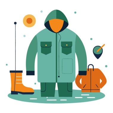 Balıkçılık macerası giysisi su geçirmez ceket ve açık hava balıkçıları için pantolon giyme giysisi, vitrin dekorasyonu, aksiyon dolu konsept. Yapay zeka üretildi. Vektör simgesi