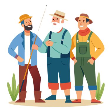 Bir grup yetişkin erkek arkadaş dışarıda dikilip, keyifle sohbet ediyor ve günü birlikte balık tutarak geçiriyorlar. Yapay zeka üretildi. Vektör simgesi