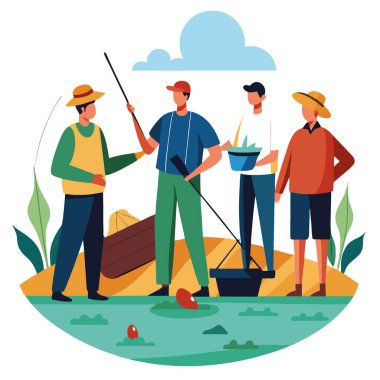 Nehir kıyısında duran bir grup balıkçı. Ekipmanlarını hazırlayıp bugünkü balık tutma stratejilerini tartışıyorlar. Yapay zeka üretildi. Vektör simgesi