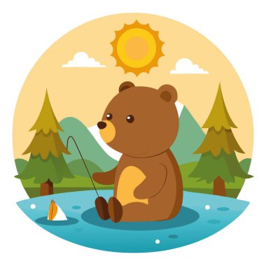Şirin bir kahverengi ayı yavrusu nehir kenarında huzurlu bir balık avının tadını çıkarıyor. Ağaçların arasından süzülen sıcak güneş ışığıyla çevrili yapay zeka üretildi. Vektör simgesi