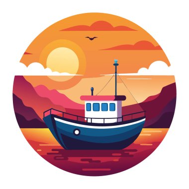 Şok edici bir günbatımında canlı bir balıkçı teknesi sakin sularda yüzer. Yapay zekanın yarattığı doğanın güzelliğini ve denizcilik hayatını yakalamak. Vektör simgesi