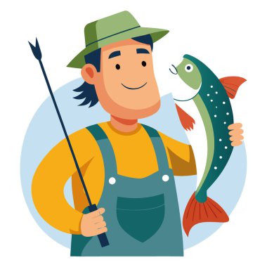 Elinde balık tutan gururlu bir balıkçı. Balık tutma sanatını ve doğal ortamlarda su yaşamının güzelliğini kutluyoruz. Yapay zeka üretildi. Vektör simgesi
