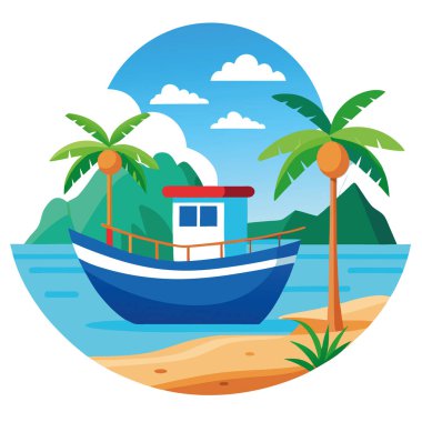 Serene Balıkçı Teknesi Egzotik Tropikal Ada Kıyısına yanaştı - Canlı Mavi Okyanus Manzaralı Tranquil Tropikal Yaşam Tarzı. Yapay zeka üretildi. Vektör simgesi