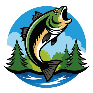 Büyük bir levrek balığı berrak sudan fırlar. Yapay zekanın ürettiği yeşil ağaçların ve parlak mavi gökyüzünün üzerine su sıçratıyor. Vektör simgesi