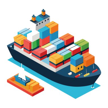 Renkli konteynırlarla dolu detaylı bir minyatür kargo gemisi. daha küçük teknelerle çevrili. Yapay zekanın ürettiği deniz lojistiği sergileniyor. Vektör simgesi