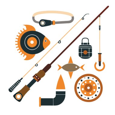 Dönen çubuğun birinci sınıf kombinasyonu. Makara. Yemler. Unutulmaz açık hava maceraları ve fotoğrafçılık için gerekli teçhizat yapay zeka üretildi. Vektör simgesi