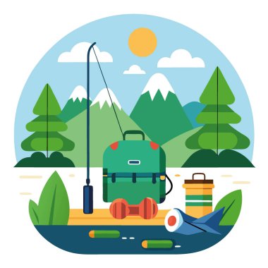 Balıkçılık malzemelerinin olduğu sakin bir açık hava sahnesi. Sırt çantaları ve çubuklar da dahil. Bereketli yeşilliklerle çevrili sakin bir göl tarafından kurulmuş yapay zeka. Vektör simgesi