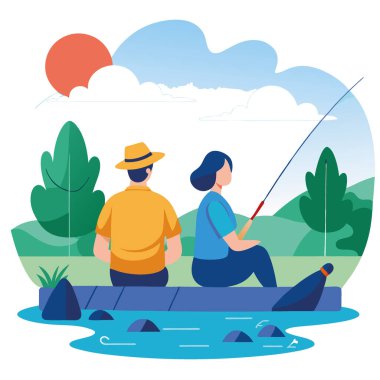 Balığa çıkan bir çift. Suyun kenarında sessizce oturup doğanın tadını çıkarıyorum. Barışçıl doğa aktivitesi. Kaynaşıyorum. Yapay zeka üretildi. Vektör simgesi