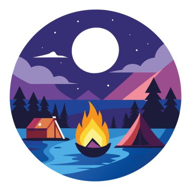 Sakin gölün yanındaki kamp ateşinin yanında iki çadır duruyor. Parlak bir dolunayın ve renkli bir günbatımı gökyüzünün altında yüzen bir tekne. Yapay zeka üretildi. Vektör simgesi