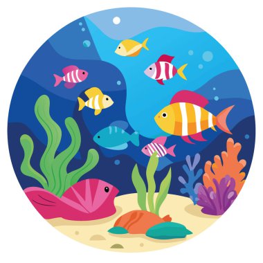 Canlı sualtı sahneleri mercan resiflerinde yüzen renkli balıkları gösteriyor. Yapay zekanın ürettiği deniz güzelliğini ve biyolojik çeşitliliği ön plana çıkarıyor. Vektör simgesi