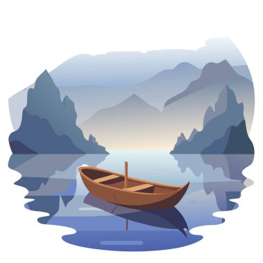 Sabahın erken saatlerinde kayalık kıyı şeridi ve yumuşak sisle çevrili sisli bir gölde sessizce yüzen ıssız bir ahşap tekne. Yapay zeka üretildi. Vektör simgesi
