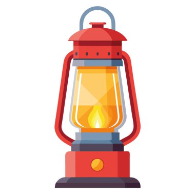 Parlak taşınabilir kamp feneri yandı. Işık yayıyor. Kolayca taşınabilecek bir kol. Beyaz bir arka planda izole edilmiş. Yapay zeka üretildi. Vektör simgesi