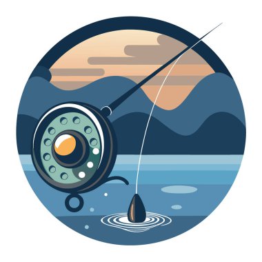 Akşam ışığında sakin sulara düşen bir balık oltasının yakın çekimi. Etrafındaki güzelliği yansıtan damlacıklar sergileniyor. Yapay zeka üretildi. Vektör simgesi