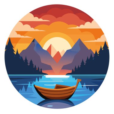 Kristal berrak bir gölde, ahşap bir teknenin üzerinde nefes kesici bir gün doğumu yaşayın. Görkemli dağlar ve canlı doğa tarafından çerçevelenmiş yapay zeka. Vektör simgesi
