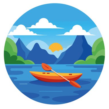 Canlı mavi bir okyanusta sakin bir kano macerası. Doğa severler ve doğa meraklıları için mükemmel manzaralı su yollarını keşfetmek yapay zeka üretmek. Vektör simgesi