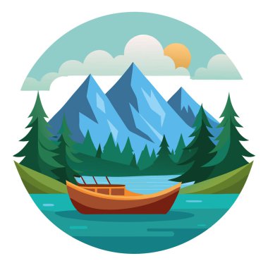Göl kıyısında dinlenen bir kano. Uzakta dağları olan ağaçlarla çevrili. izole edilmiş arkaplan, yapay zekanın oluşturduğu gradyan ile yer değiştirdi. Vektör simgesi