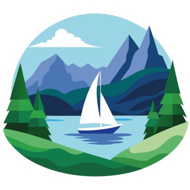 Beyaz bir yelkenli manzaranın içinden geçiyor. Sakin dağ rezervuarı. Yemyeşil bitki örtüsü ve yapay zekanın yarattığı dramatik uçurumlarla çevrili. Vektör simgesi