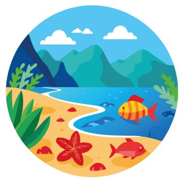 Maui yakınlarındaki güneşli bir günde canlı mercan resiflerini ve sakin plaj manzaralarını keşfedin. Deniz yaşamını ve doğal güzelliği gözler önüne seriyor. Yapay zeka üretildi. Vektör simgesi