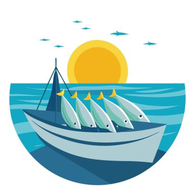 Teknenin kenarında taze balık yatıyordu. Güneşin altında parlayan balıkçılar, açık bir denizde onları içeri çekmeye hazırlanıyor. - Evet. Yapay zeka üretildi. Vektör simgesi