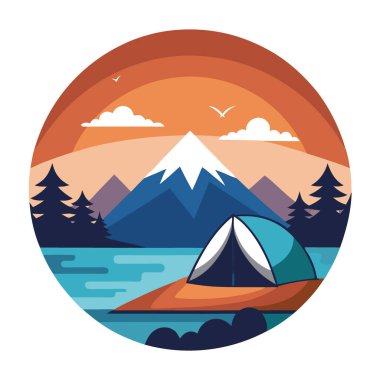 Gün doğumunda gölün kenarında sakin bir kamp çadırı. Açık havada macera ve sükunet arayan doğa aşıkları için mükemmel. Yapay zeka üretildi. Vektör simgesi