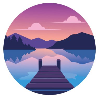 Lofi, alacakaranlıkta yumuşak pastel gökyüzü ve bulanık su yansımalarının sakin bir zemin oluşturduğu bir göl kenarı gösteriyor. Yapay zeka üretildi. Vektör simgesi