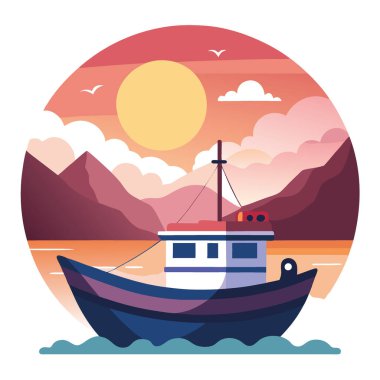 Huzurlu Balıkçı Teknesi Sunset 'te sakin sular ve arka planda manzarayla demirli. Doğa ve macera teması için ideal. Yapay zeka üretildi. Vektör simgesi