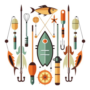Ormanın çeşitli yemlerinde sessiz tonlarda simetrik balıkçılık teçhizatı. Çubuklar. Hooks - Organize Maceralara Hazırlık. Yapay zeka üretildi. Vektör simgesi