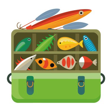 Renkli balık yemleriyle dolup taşan eski bir alet çantasının yakın plan çekimi. Karmaşık detaylarını ve yapay zekanın yarattığı çeşitliliği gösteriyor. Vektör simgesi