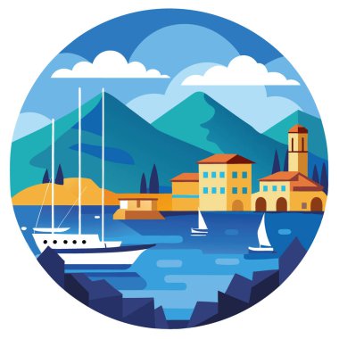 Yat ve binalarla dolu bir limanın manzarası. Sakin sularla çerçevelenmiş ve berrak mavi gökyüzünün altında bir dağ zeminiyle yapay zeka oluşturuldu. Vektör simgesi