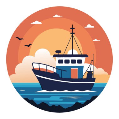 Balıkçı teknesi limana dönüyor. Güneş arka planda batarken limana giden bir balıkçı teknesinin tasviri yapay zeka tarafından oluşturuldu. Vektör simgesi