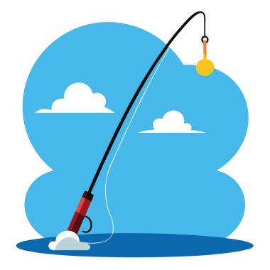 Suda oltası olan bir olta kamışı. Pofuduk bulutlu parlak mavi bir gökyüzüne gölge düşürüyor. Balık tutmak için mükemmel bir gün yapay zeka üretildi. Vektör simgesi