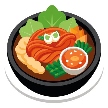 Kore mutfağında Makchang gibi soğuk erişte, fasulye tozu, marul ve aromalı sosla servis edilen baharatlı işkembe yemekleri bulunur. Yapay zeka üretildi. Vektör simgesi