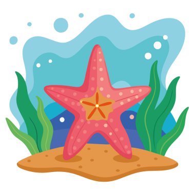 Denizin dibindeki deniz yıldızı. Deniz yıldızının renkli deniz yaşamı detaylı neon renkli renkleri kapatır. Al illüstrasyon yapay zeka üretildi. Vektör simgesi