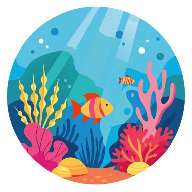 Renkli mercanlar ve güneş ışınlarıyla aydınlatılan tropikal balıklarla dolu parlak sualtı dünyası. Seyahat ve deniz turları reklam konsepti yapay zeka üretti. Vektör simgesi