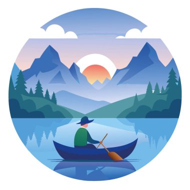 Sükunet Gölü 'ndeki Misty Dawn' da Dingin Balıkçı - Huzurlu Doğal Rahatlama ve Yansıma Manzarası. Yapay zeka üretildi. Vektör simgesi