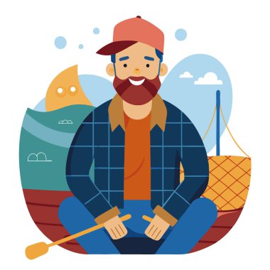 Sakallı, gülümseyen bir balıkçı. kep ve ekose ceket giyiyor. Teknede su kenarında oturuyor. Etrafı balık ağları ve renkli iplerle çevrili. Yapay zeka üretildi. Vektör simgesi