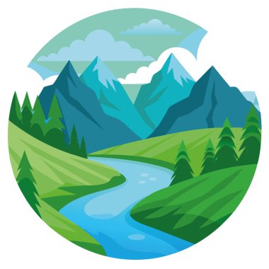 Dağlarla çevrili huzurlu bir vadi. Yeşillik içinde kıvrılan bir nehirle. Yapay zekanın yarattığı sakin ve manzaralı bir ortam yaratmak. Vektör simgesi