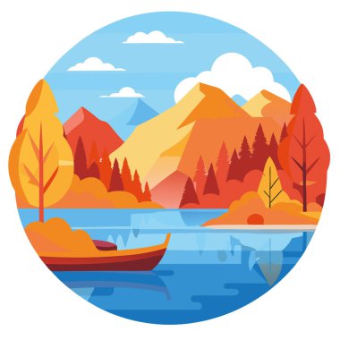 Küçük bir teknesi olan sonbahar gölü manzarası. Kristal berrak su, canlı sonbahar yapraklarını ve dağları yansıtır. Huzurlu ve barışçıl yapay zeka üretildi. Vektör simgesi