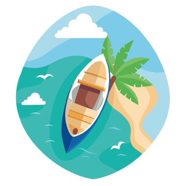 Denizde sürüklenen bir tekne. Üst Manzara. Uçsuz bucaksız deniz. Adayı aramak için yaz gezisi. Turkuaz okyanus. Tropikal doğa. Harbor Sahil Seyahati yapay zeka tarafından üretildi. Vektör simgesi