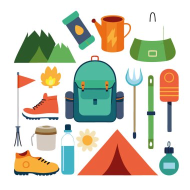 Büyük bir suluboya set kamp ve yürüyüş ekipmanı. Açık hava macerası. Eğlence turizmi. Yolculuk için izole eşyalar gerekli. - Evet. Yapay zeka üretildi. Vektör simgesi