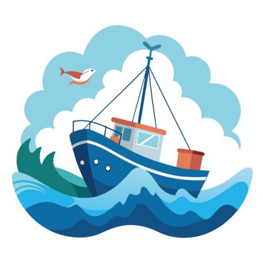 Bir balıkçı teknesi gök mavisi sularından geçer. Dalgalar yanlara çarpıyor. Güvertede duran olta takımları ve ağlar sergileniyor. - Evet. Yapay zeka üretildi. Vektör simgesi