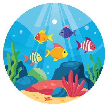 Renkli balıkların mercan resifinin üzerinde yüzdüğü canlı sualtı sahnesi. Suyun içinden süzülen güneş ışığıyla aydınlanan yapay zeka. Vektör simgesi