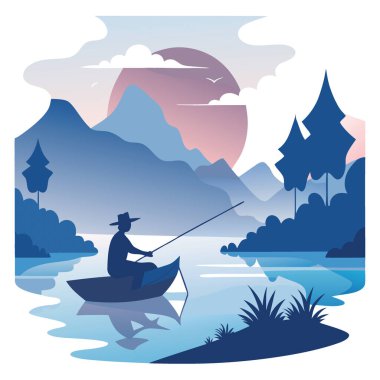 Sakin Sabah Balıkçılığı. Still River 'daki Sakin Bir Balıkçının Yalnızlığı, Şafak 124te Yoğun Sis' te, Ultra Detaylı Nehir Keşfi. Yapay zeka üretildi. Vektör simgesi