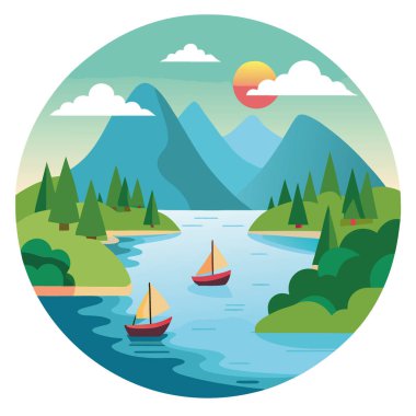 Güzel nehir manzaralı, tekneler suyun üzerinde yavaşça yüzüyor. Yapay zekanın yarattığı bir zemin olarak ağaçların ve dağların güzel manzarasıyla çevrelenmiş. Vektör simgesi