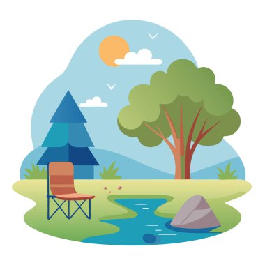 Huzurlu bir kamp sandalyesi. Ağaçlarla kaplı nehir kıyısı. Oltayla balık tutmak. Etrafı kayalarla çevrili ve yeşilliği yansıtan sakin bir su. Yapay zeka üretildi. Vektör simgesi