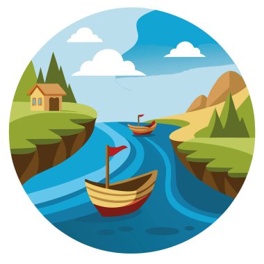 Balıkçı tekneleri Ters Akıntılarda Sürükleniyor Kuzey Huzurlu Manzarası 'nda Huzurlu Su Yolu' nda yüzen tahta gemilerle. Yapay zeka üretildi. Vektör simgesi