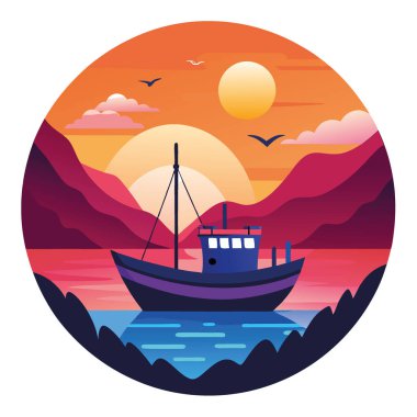 Gün batımında kıyıya dönen balıkçı teknesi canlı renkler sakin sulara, sakin manzaraya sakin kıyı manzarasına yansıdı. Yapay zeka üretildi. Vektör simgesi