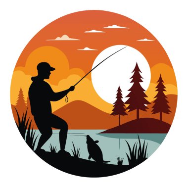 Sunset 'teki Balıkçı Döküm Hattı' nın silueti. Balık tutmaya. Göl. Nehir. Açık havada. Doğa Fotoğrafçılığı. Yiyecekler. Balık. Izgara yap. Barbekü. Deniz ürünleri. Yapay zeka üretildi. Vektör simgesi