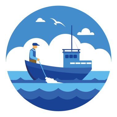 Balıkçıyla açık denizde mavi bir balıkçı teknesi. Mavi deniz. Deniz aşırı balıkçılık. Balıkçı teknesi Balıkçı. Deniz balığı. Denizde bir tekne. Okyanus. Yapay zeka üretildi. Vektör simgesi