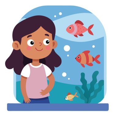 Küçük mutlu bir kız tropikal balık izliyor. Büyük bir akvaryumda deniz yaşamı. İyi tatiller. Aile hafta sonları. Gezici kavramları yapay zeka yarattı. Vektör simgesi
